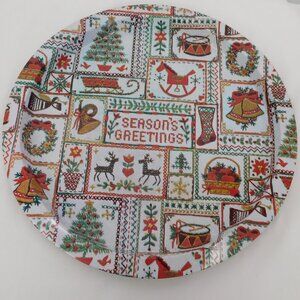 Lot of 2 Christmas Trays Vintage Metal Carol Seasons Greetings 12-13" Diameter